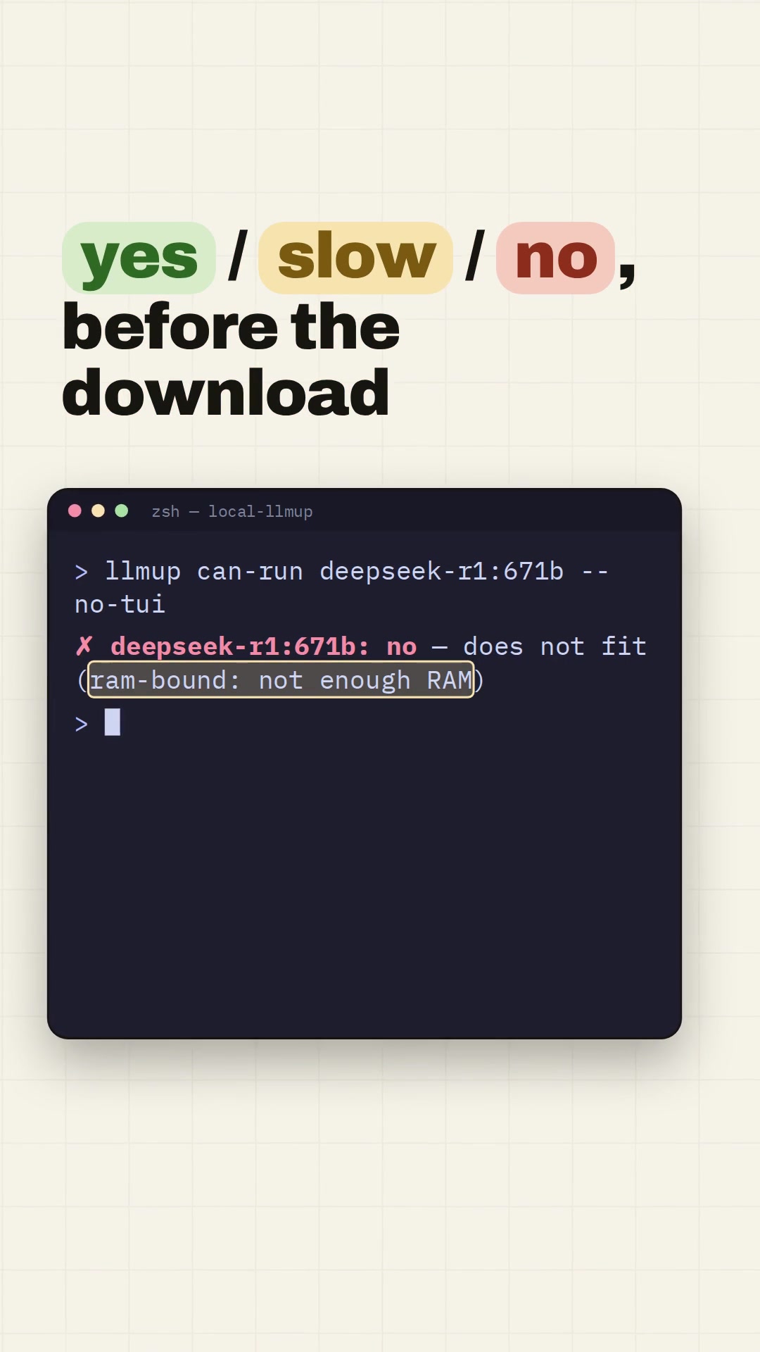 local-llmup variant A hook: yes / slow / no, before the download