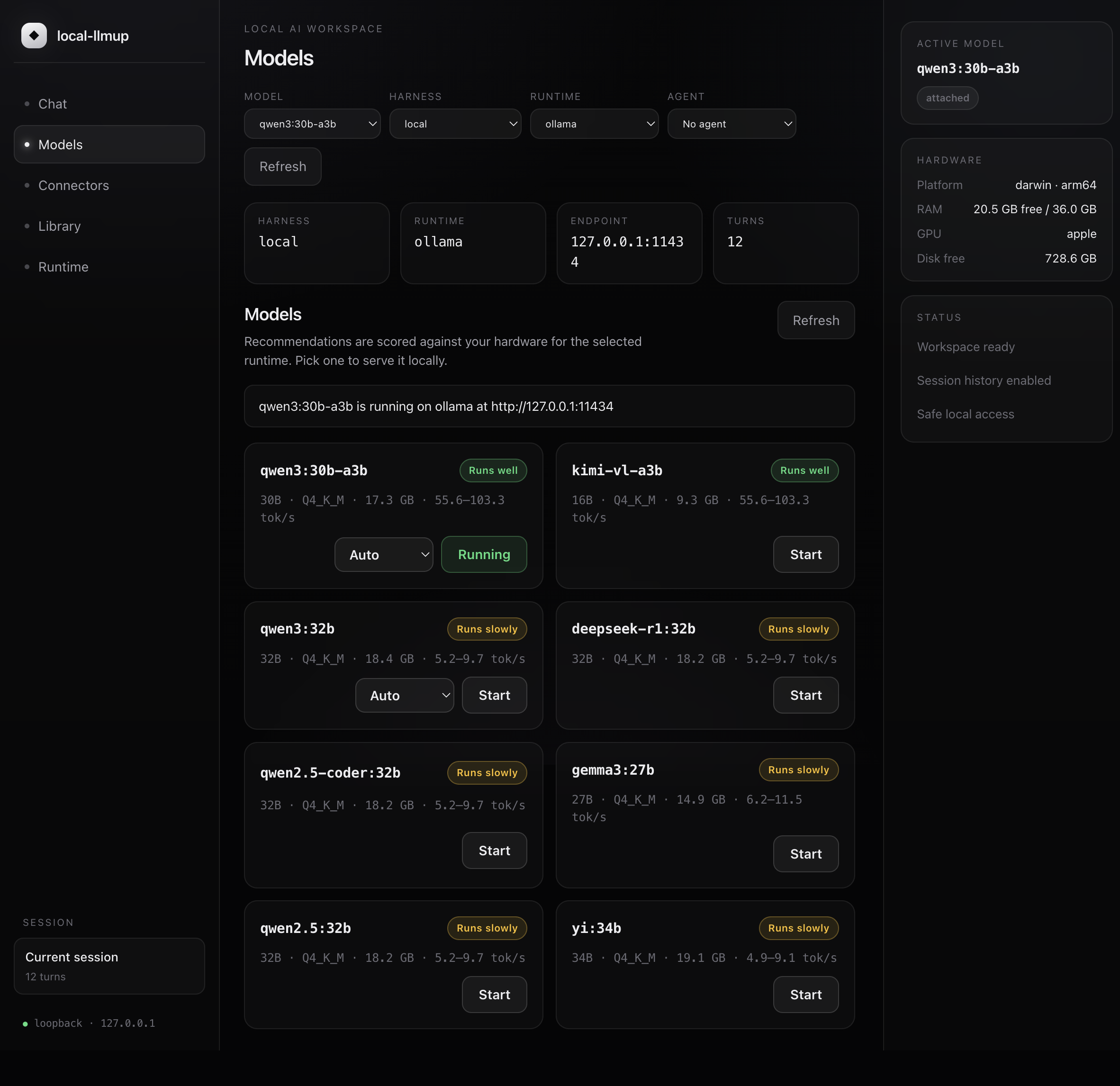 local-llmup browser workspace showing recommended models with verdicts